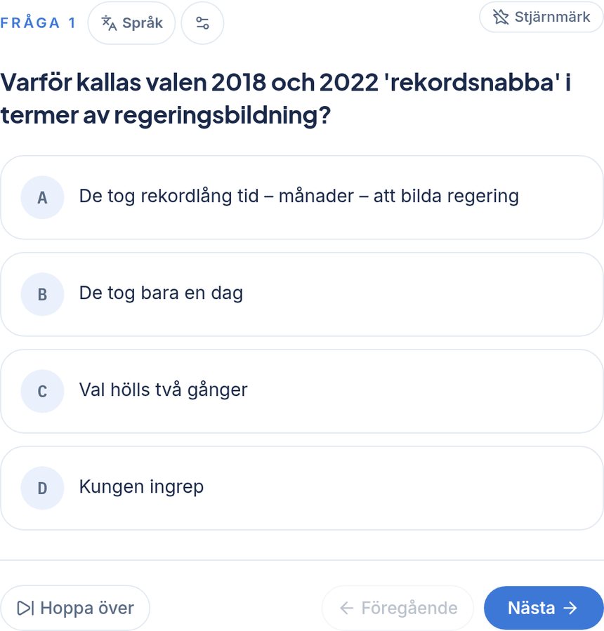 Fråga i exempelprovet på svenska med språkknappen bredvid rubriken Fråga 1